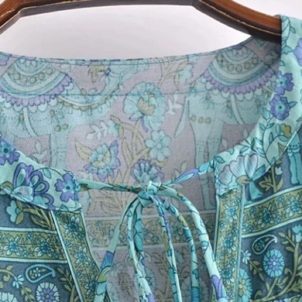 SOLD OUT Bohemian Blue Floral Button Up Blouse Top - Picture 5 of 5